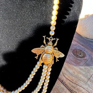 Antique color faux pearls and bee necklace